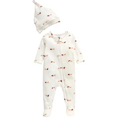 Nordstrom Print Zip Footie & Beanie Set In Ivory Egret Sleighs