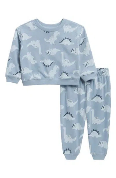 Nordstrom Babies'  Printed Fleece 2-piece Sweatshirt & Joggers Set In Blue Fog Block Print Dinos
