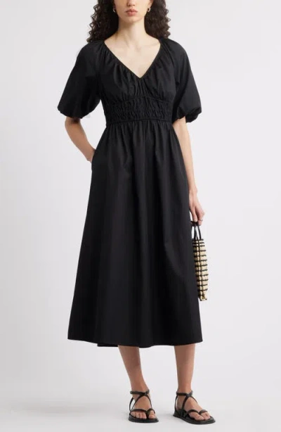 Nordstrom Puff Sleeve Cotton Poplin Dress In Black