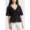 Nordstrom Puff Sleeve Cotton Poplin Shirt In Black