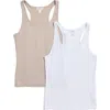 Nordstrom Rack 2-pack Rib Tank In White/tan Thread
