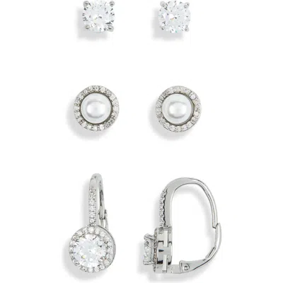 Nordstrom Rack 3-pack Assorted Crystal & Imitation Pearl Earrings In Metallic
