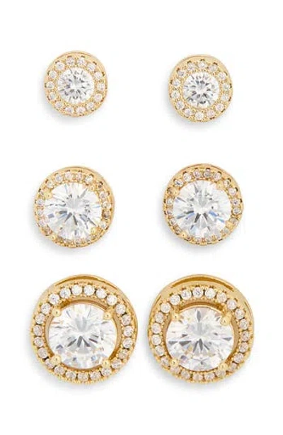 Nordstrom Rack 3-pack Assorted Halo Cubic Zirconia Stud Earrings In Gold