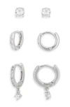Nordstrom Rack 3-pack Assorted Stud & Hoop Earrings Set In Silver