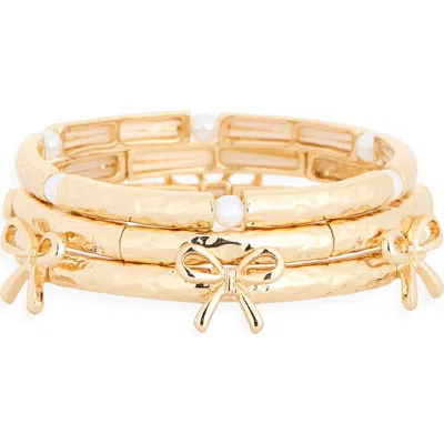 Nordstrom Rack 3-pack Bow & Faux Pearl Bracelet Set In Gold