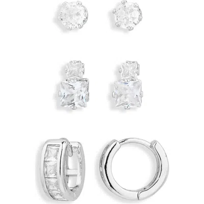 Nordstrom Rack 3-pack Cz Stud & Huggie Earrings Set In Clear- Silver