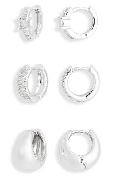 Nordstrom Rack 3-pack Mixed Cz Huggie Hoop Earrings In Silver
