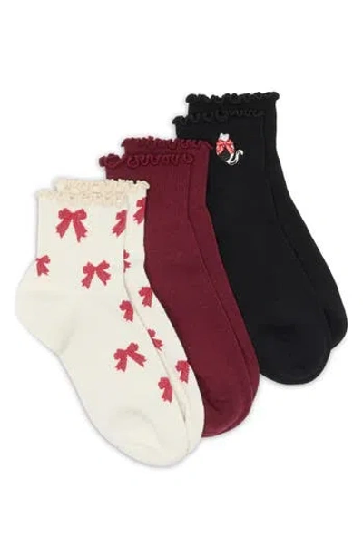 Nordstrom Rack 3-pack Ruffle Critter Assorted Quarter Socks In Burgundy Bow Cat Multi