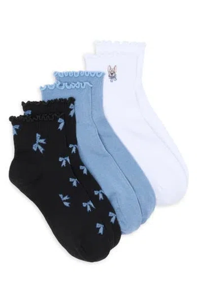 Nordstrom Rack 3-pack Ruffle Critter Assorted Quarter Socks In Frenchie Blue Bow Multi
