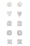 Nordstrom Rack 5-pack Assorted Cubic Zirconia & Faux Pearl Stud Earrings In Clear- Silver- Gold