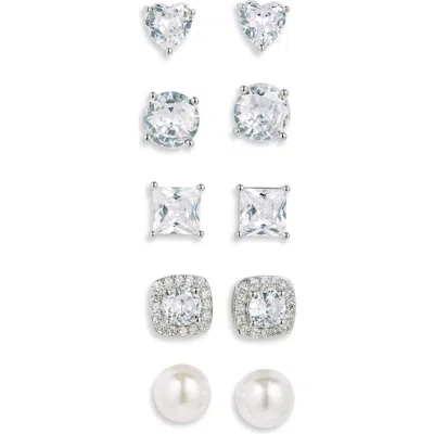 Nordstrom Rack 5-pack Assorted Cz & Imitation Pearl Stud Earrings In Clear- White- Silver
