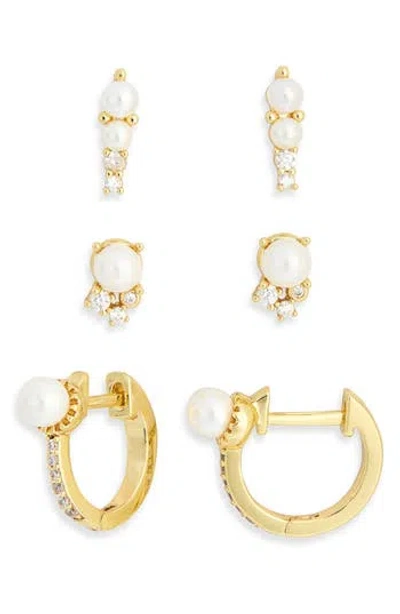 Nordstrom Rack Assorted 3-pack Cubic Zirconia & Faux Pearl Earrings Set In Gold
