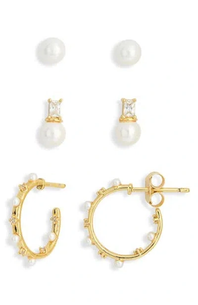 Nordstrom Rack Assorted 3-pack Pearl & Cubic Zirconia Earrings Set In Gold
