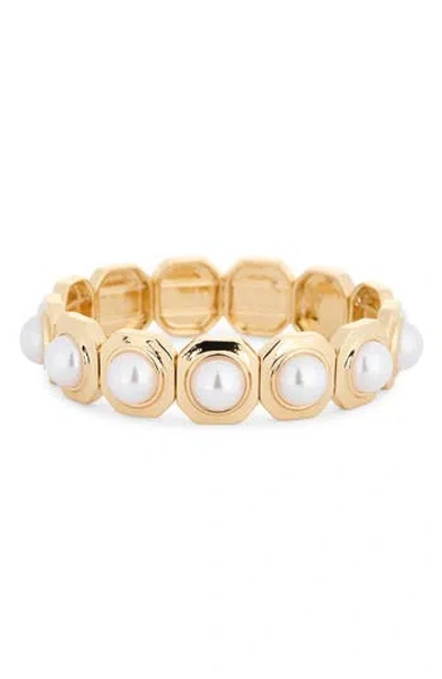 Nordstrom Rack Bezel Set Faux Pearl Stretch Bracelet In Gold