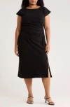Nordstrom Rack Cap Sleeve Pleated Midi Suiting Dress In Black