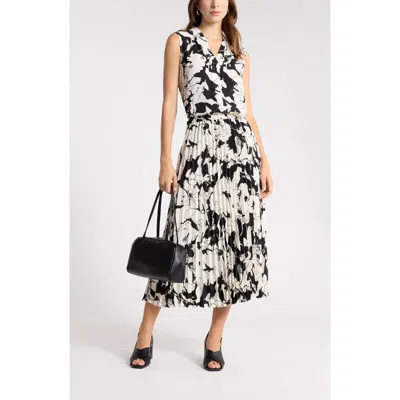 Nordstrom Rack Chiffon Pleated Midi Skirt In Black- Ivory Lily Pads