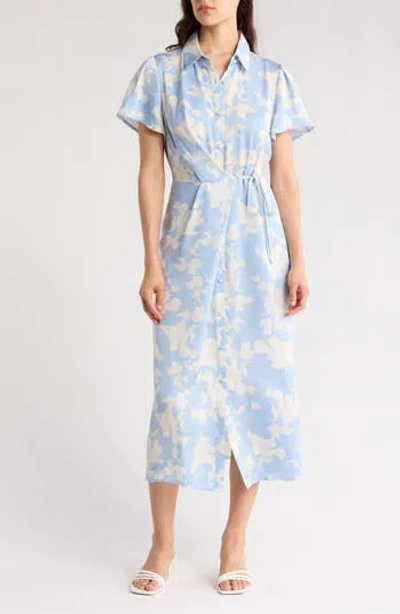 Nordstrom Rack Collared Half Button Wrap Front Shirtdress In Blue- Ivory Terrace Floral