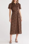 Nordstrom Rack Collared Half Button Wrap Front Shirtdress In Brown- Black Leopard