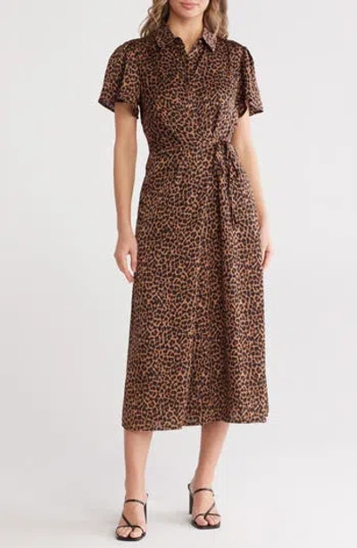 Nordstrom Rack Collared Half Button Wrap Front Shirtdress In Brown- Black Leopard