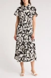 Nordstrom Rack Collared Half Button Wrap Front Shirtdress In Ivory- Grey Foliage Abstract