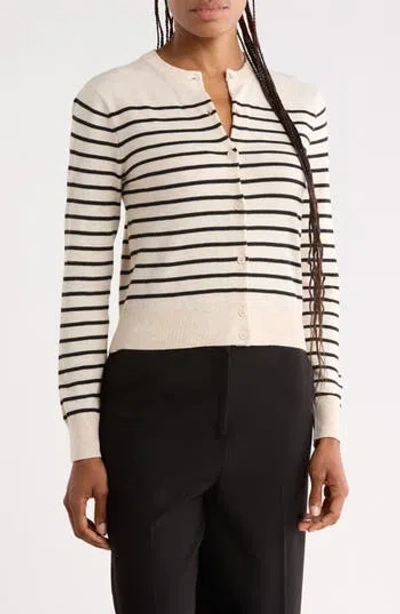 Nordstrom Rack Crewneck Cardigan In Beige O- Black Zephyr Stripe
