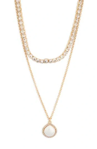 Nordstrom Rack Crystal Tennis & Faux Pearl Pendant Layered Necklace In Clear- White- Gold