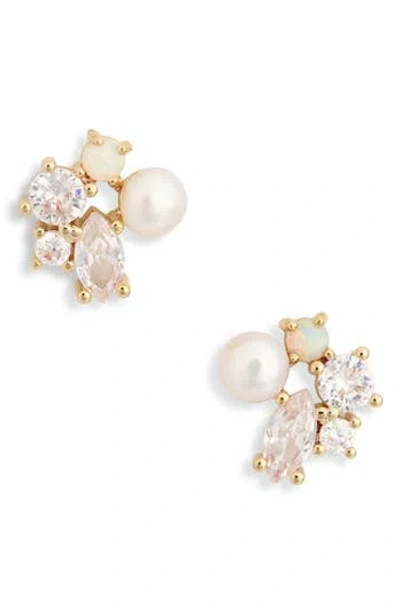Nordstrom Rack Cubic Zirconia & Faux Pearl Cluster Stud Earrings In Gold