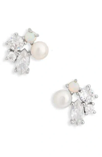 Nordstrom Rack Cubic Zirconia & Faux Pearl Cluster Stud Earrings In Metallic