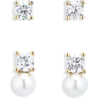 Nordstrom Rack Cubic Zirconia & Faux Pearl Stud Earrings Set In Gold