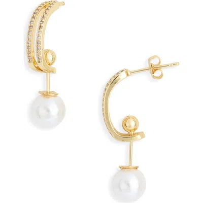 Nordstrom Rack Cubic Zirconia Faux Pearl Drop Hoop Earrings In Gold