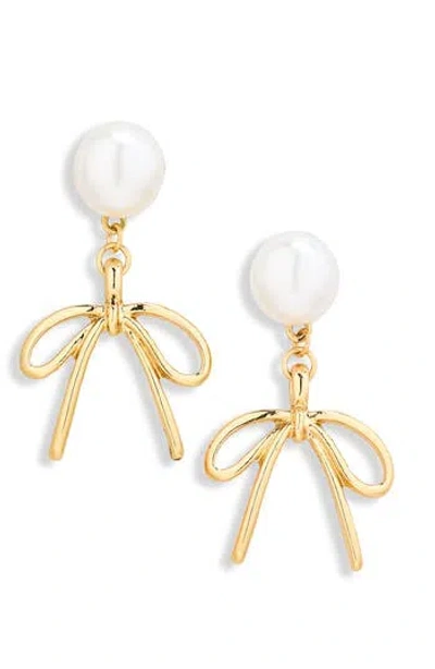 Nordstrom Rack Demi Fine Faux Pearl Bow Drop Earrings In White- Gold