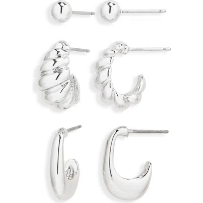 Nordstrom Rack Demi Fine Set Of 3 Ball Stud & Huggie Hoop Earrings In Metallic