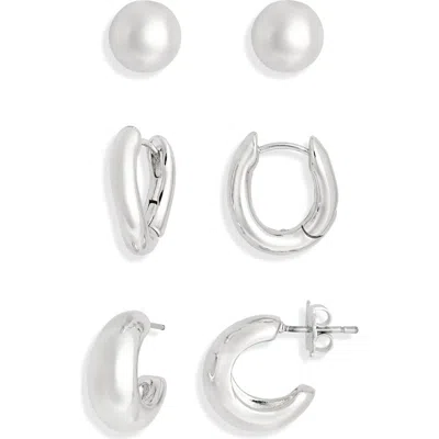 Nordstrom Rack Demi Fine Set Of 3 Stud & Huggie Hoop Earrings In Silver