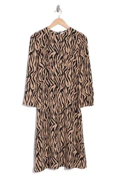 Nordstrom Rack Everyday Long Sleeve Midi Dress In Black- Tan Zebra Stripes