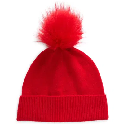 Nordstrom Rack Faux Fur Cashmere Pompom Beanie In Red Toreador