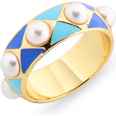 Nordstrom Rack Faux Pearl & Enamel Band Ring In Blue- Multi Gold