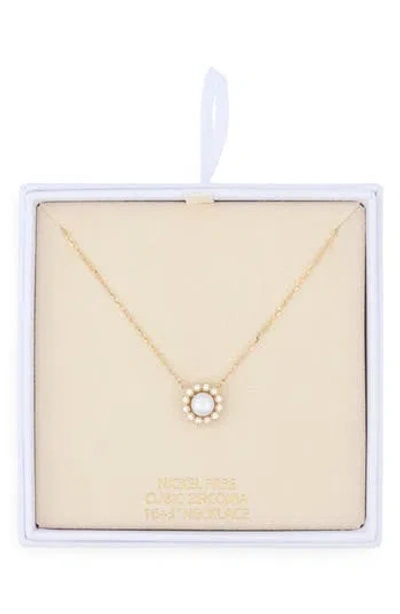 Nordstrom Rack Faux Pearl Cubic Zirconia Halo Pendant Necklace In Gold