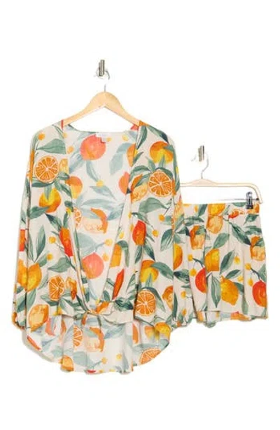 Nordstrom Rack Flowy Beach Cover-up Cardigan & Shorts Set In Citrus Fruit