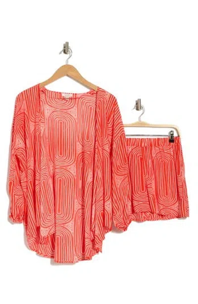 Nordstrom Rack Flowy Beach Cover-up Cardigan & Shorts Set In Red Geo Pattern