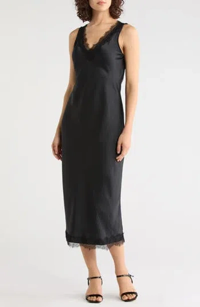 Nordstrom Rack Lace Trim Satin Midi Dress In Black