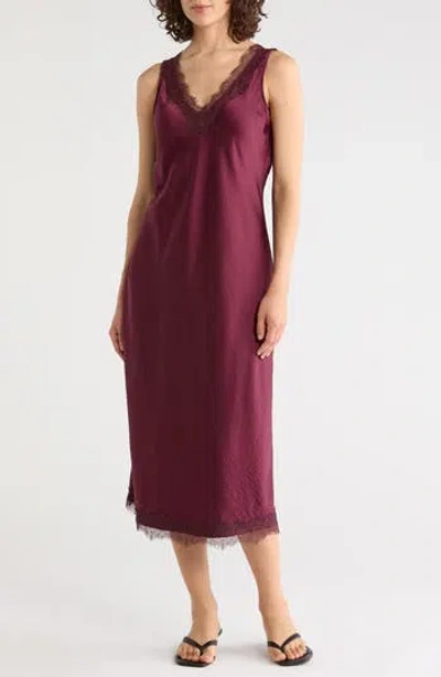 Nordstrom Rack Lace Trim Satin Midi Dress In Burgundy Fig