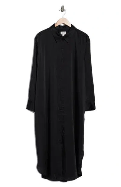 Nordstrom Rack Long Sleeve Textured Satin Shirtdress In Black