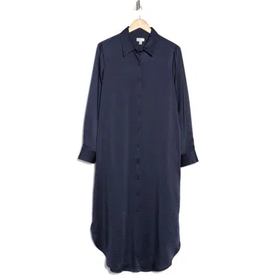 Nordstrom Rack Long Sleeve Textured Satin Shirtdress In Navy Night
