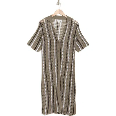 Nordstrom Rack Open Knit Button-up Cover-up Dress In Olive Covert Stripe