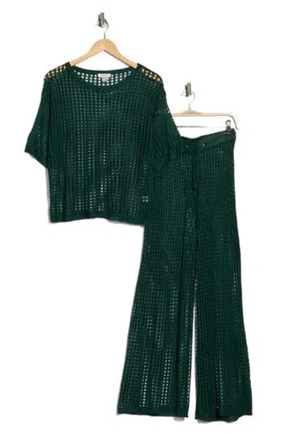 Nordstrom Rack Open Knit Cover-up Top & Pants Set In Green