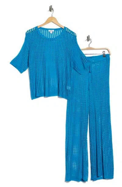 Nordstrom Rack Open Knit Cover-up Top & Pants Set In Blue