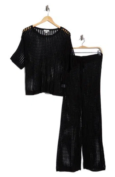 Nordstrom Rack Open Knit Cover-up Top & Pants Set In Black