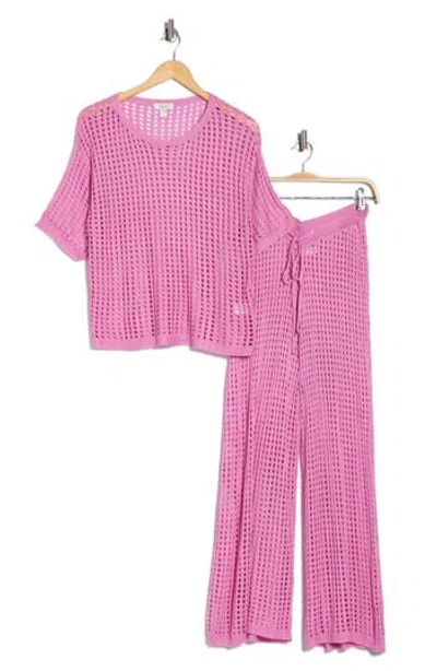 Nordstrom Rack Open Knit Cover-up Top & Pants Set In Pink