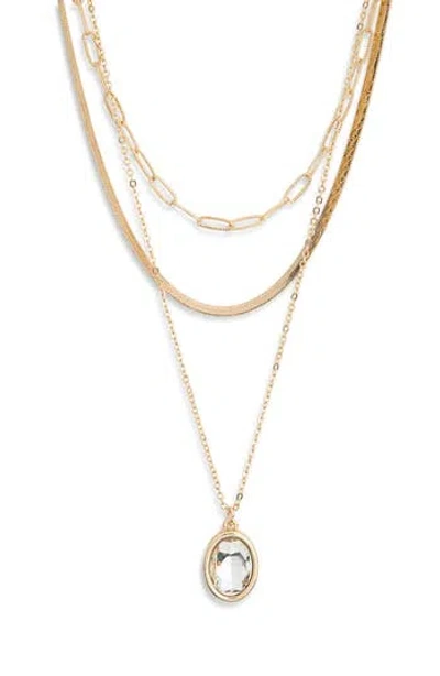Nordstrom Rack Oval Crystal Pendant Triple Row Necklace In Gold