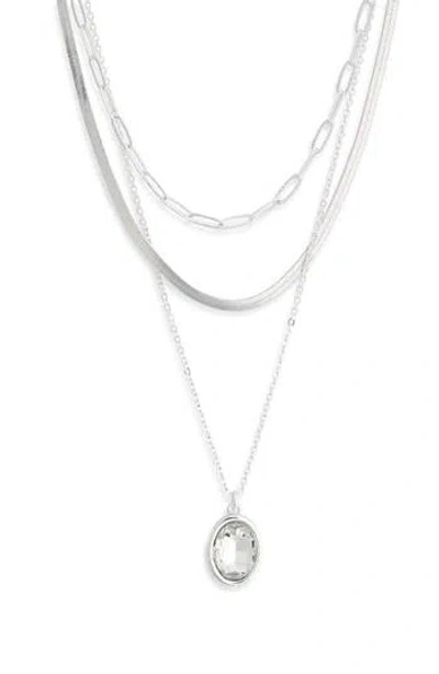 Nordstrom Rack Oval Crystal Pendant Triple Row Necklace In Silver